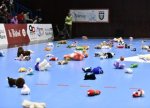 Gest superb! Sute de juc?rii de plu? aruncate pe parchet la meciul de handbal din Romania