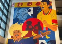 Muralul de 90 m2 cu Gheorghe Hagi ?i un mare rival, dup? ideea Ambasadei Columbiei, a fost inaugurat la Arena Na?ional?